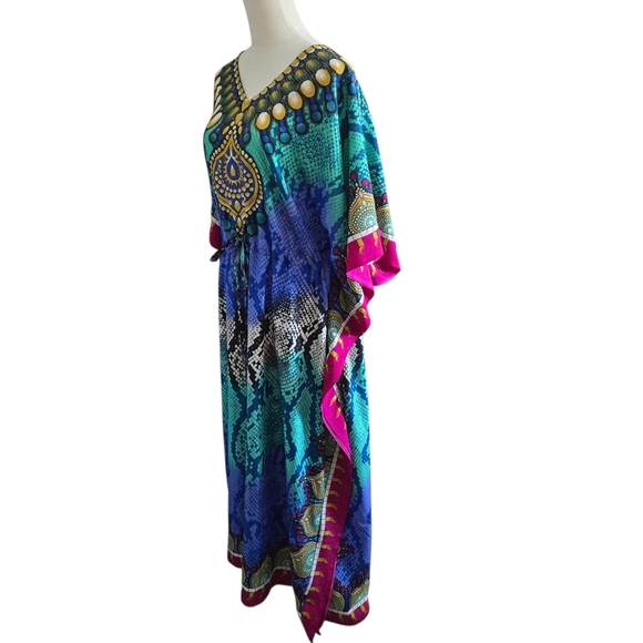 Bell Pepper One Size Maxi Vibrant Multicolor Kaftan Dress Shiny Tiny Gold Studs - Picture 3 of 16